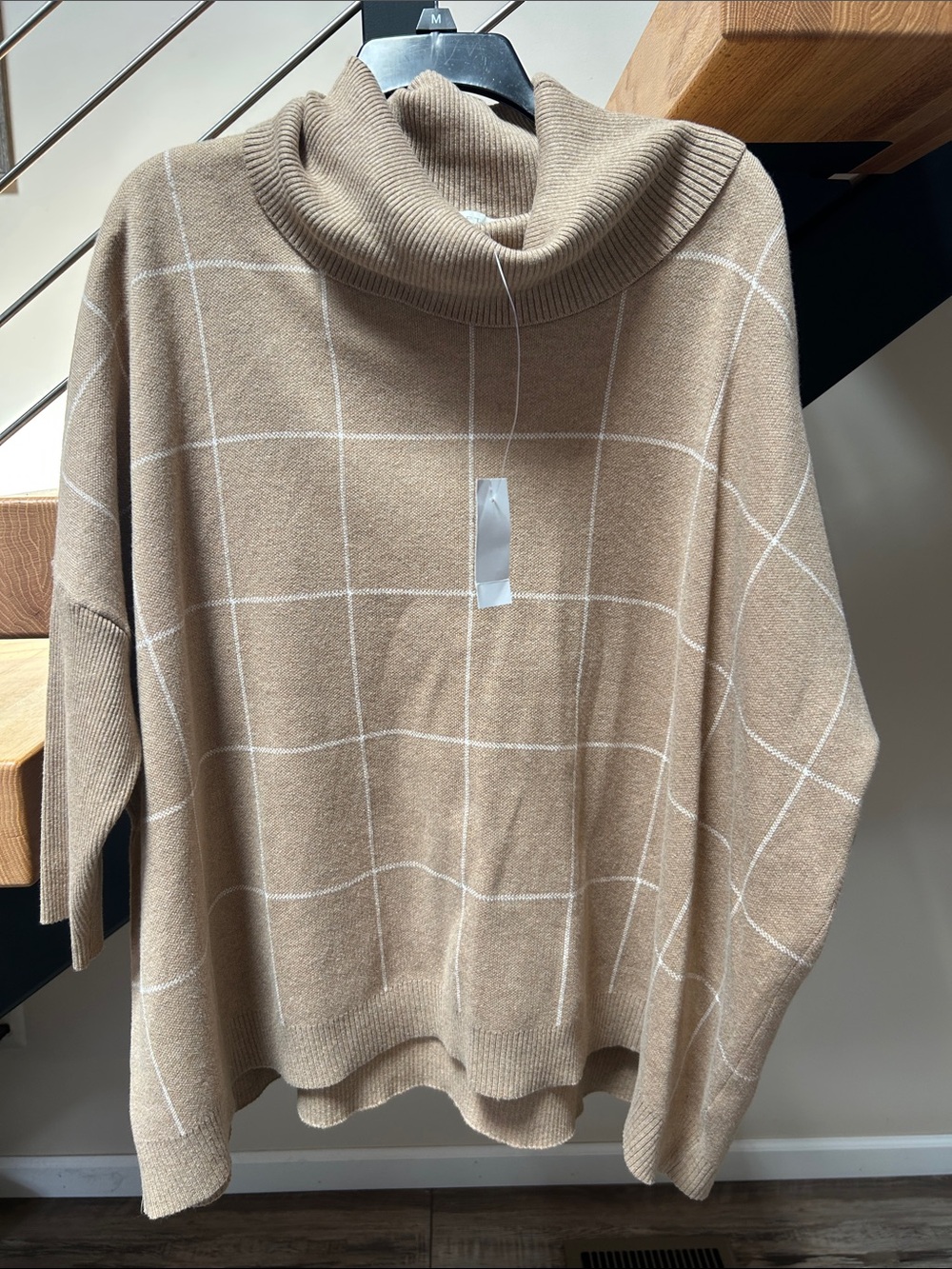 LOFT Taupe Windowpane Cowl Neck Sweater